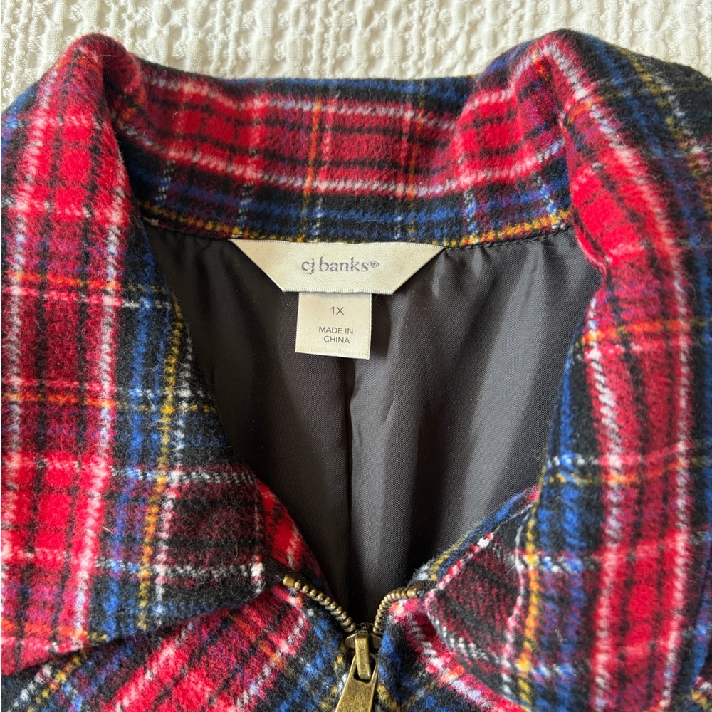 CJ Banks Red and Black Plaid Shirt Jacket - Picture 2 of 5